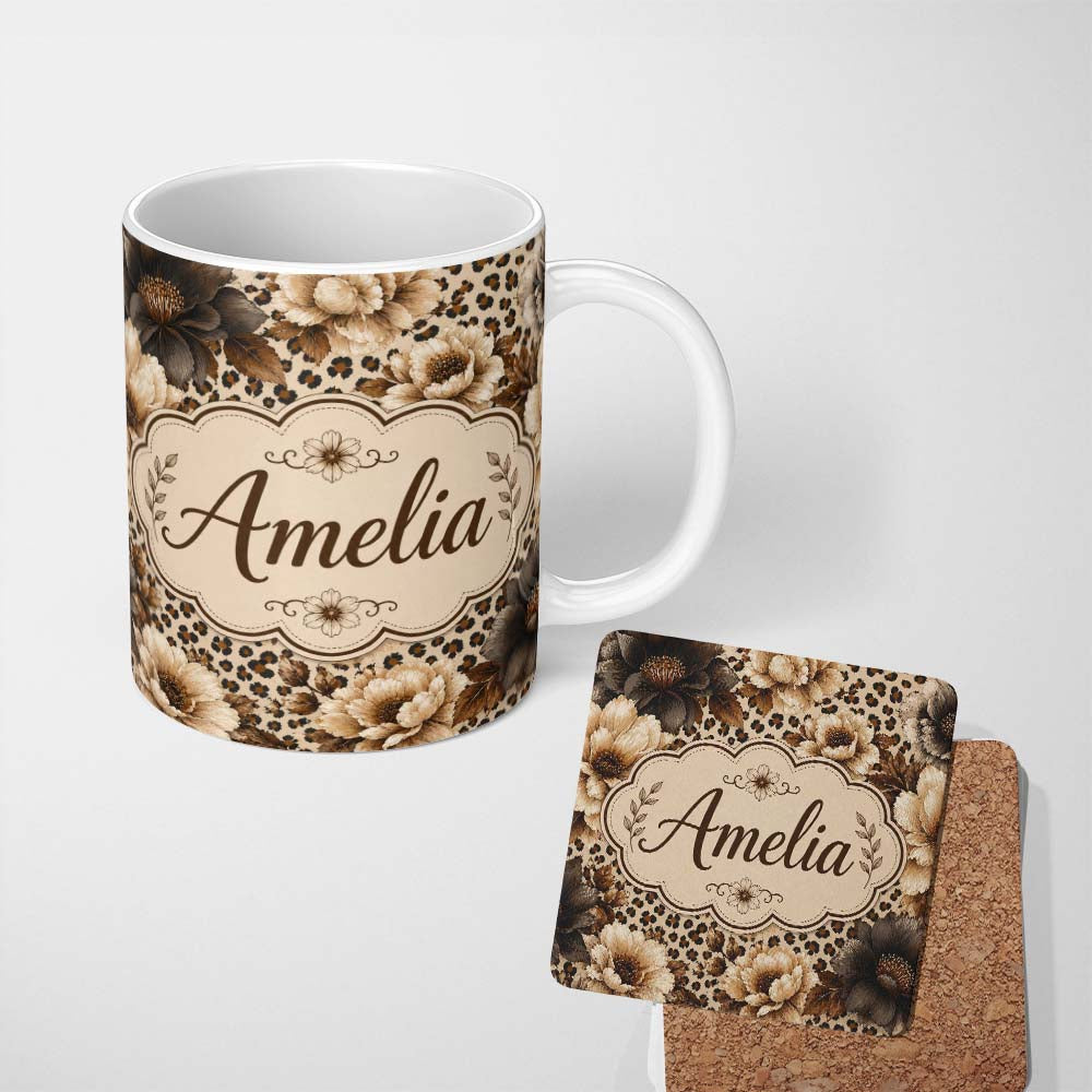Personalized Custom Name Neutral Floral with Large Vintage Flowers,Leopard Print in Beige 11oz Ceramic Coffee Tea Mug White Large Handle