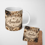 Personalized Custom Name Neutral Floral with Large Vintage Flowers,Leopard Print in Beige 11oz Ceramic Coffee Tea Mug White Large Handle
