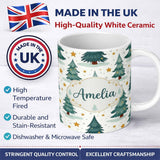 Personalized Custom Name Snowy Christmas Pine Trees with Golden Stars Winter Seamless Pattern 11oz Ceramic Coffee Tea Mug White Large Handle