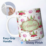 Personalized Custom Name Cute Unicorn Christmas Poinsettia Floral Fantasy Seamless Pattern 11oz Ceramic Coffee Tea Mug White Large Handle