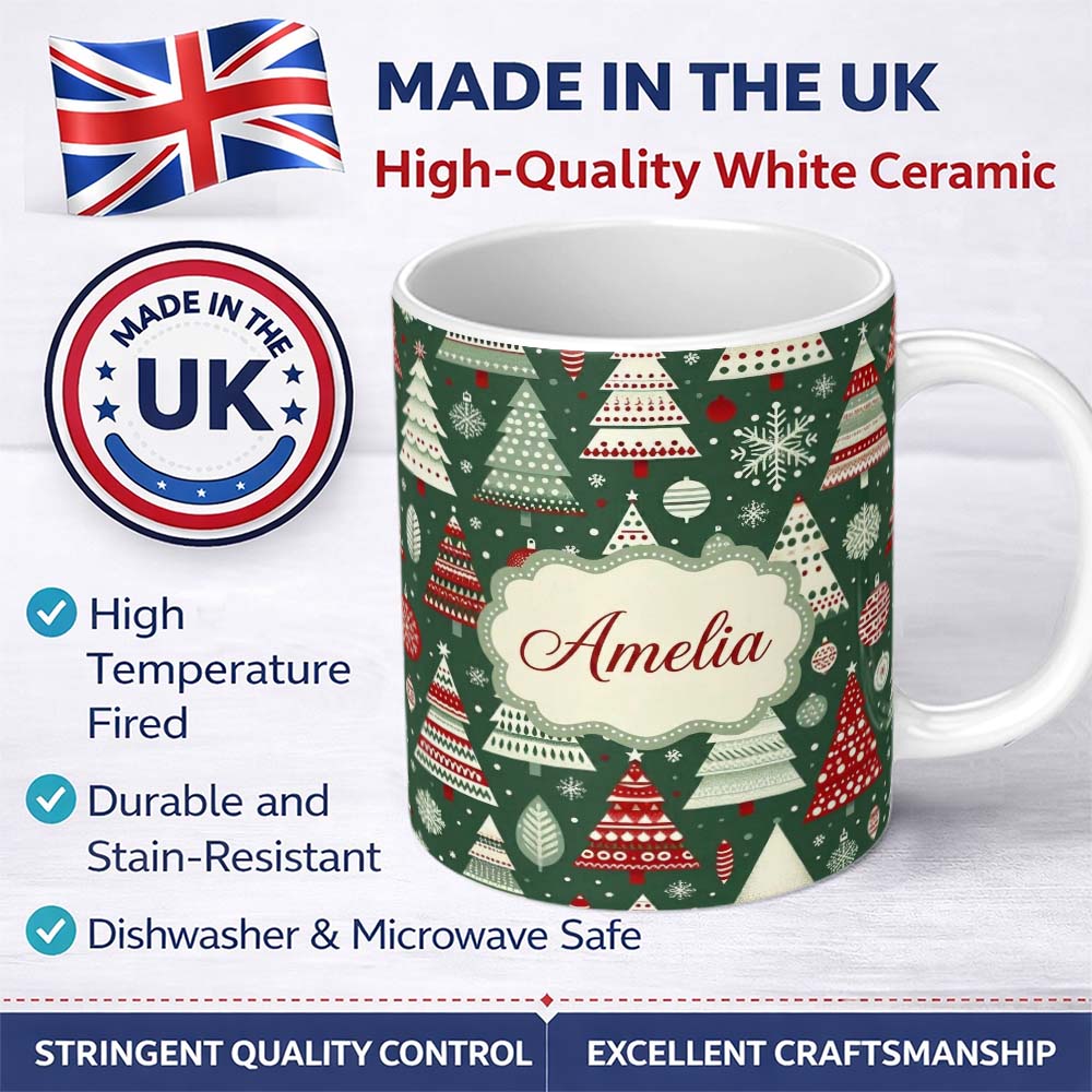 Personalized Custom Name Scandi Christmas Trees Red White Green Snowflakes Nordic Seamless 11oz Ceramic Coffee Tea Mug White Large Handle