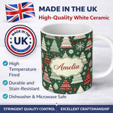 Personalized Custom Name Scandi Christmas Trees Red White Green Snowflakes Nordic Seamless 11oz Ceramic Coffee Tea Mug White Large Handle