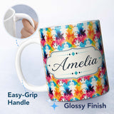Personalized Custom Name Colorful Paint Splash Abstract Ink Blot Modern Seamless Pattern 11oz Ceramic Coffee Tea Mug White Large Handle