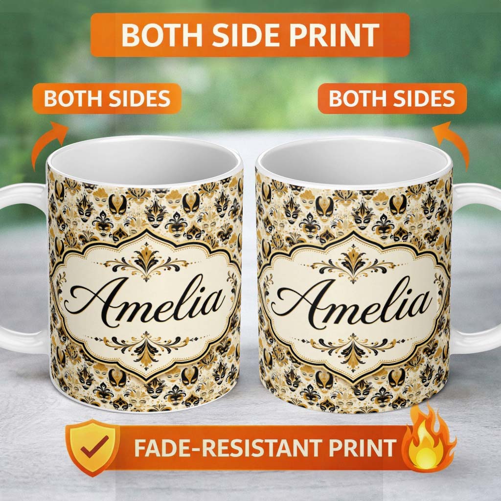 Personalized Custom Name Classic Black and Gold Mask Pattern with Swirling Details Seamless 11oz Ceramic Coffee Tea Mug White Large Handle