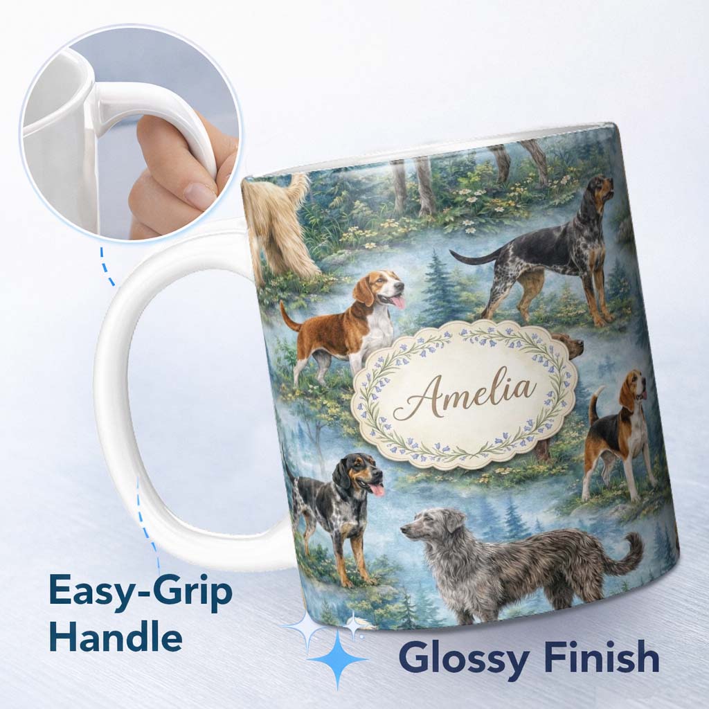 Personalized Custom Name Watercolor Hunting Dogs Forest Nature Seamless Pattern Lovely 11oz Ceramic Coffee Tea Mug White Large Handle