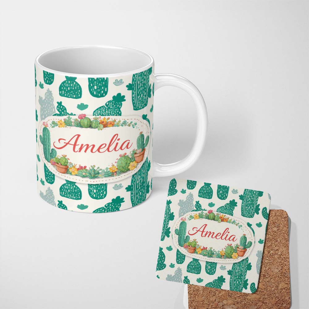 Personalized Custom Name Minimalist Cactus Desert Pattern Green Botanical Seamless Design 11oz Ceramic Coffee Tea Mug White Large Handle