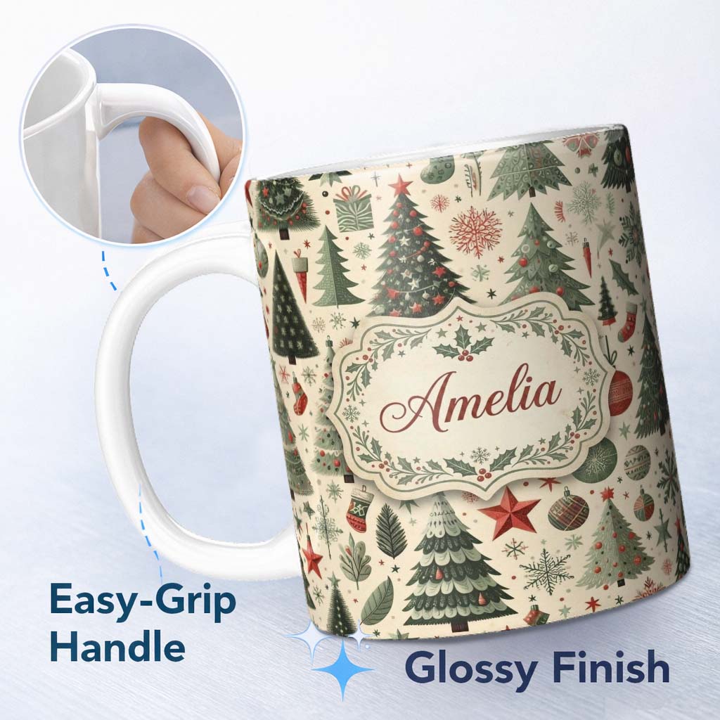 Personalized Custom Name Festive Christmas Trees Gifts Snowflakes and Ornaments Seamless 11oz Ceramic Coffee Tea Mug White Large Handle