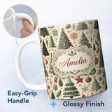 Personalized Custom Name Festive Christmas Trees Gifts Snowflakes and Ornaments Seamless 11oz Ceramic Coffee Tea Mug White Large Handle
