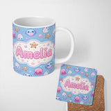 Personalized Custom Name Kawaii Jellyfish Starfish and Cute Sea Creatures Soft Blue Lovely 11oz Ceramic Coffee Tea Mug White Large Handle