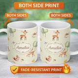 Personalized Custom Name Cute Woodland Deer Fox Mushroom Seamless Pattern on Cream Background 11oz Ceramic Coffee Tea Mug White Large Handle