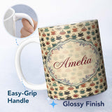 Personalized Custom Name Vintage Coffee Cups Illustration Seamless Pattern Cute Unique Gift 11oz Ceramic Coffee Tea Mug White Large Handle