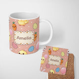 Personalized Custom Name Cute Easter Bunny Chick Carrots Eggs Polka Dot Pattern Beige Lovely 11oz Ceramic Coffee Tea Mug White Large Handle
