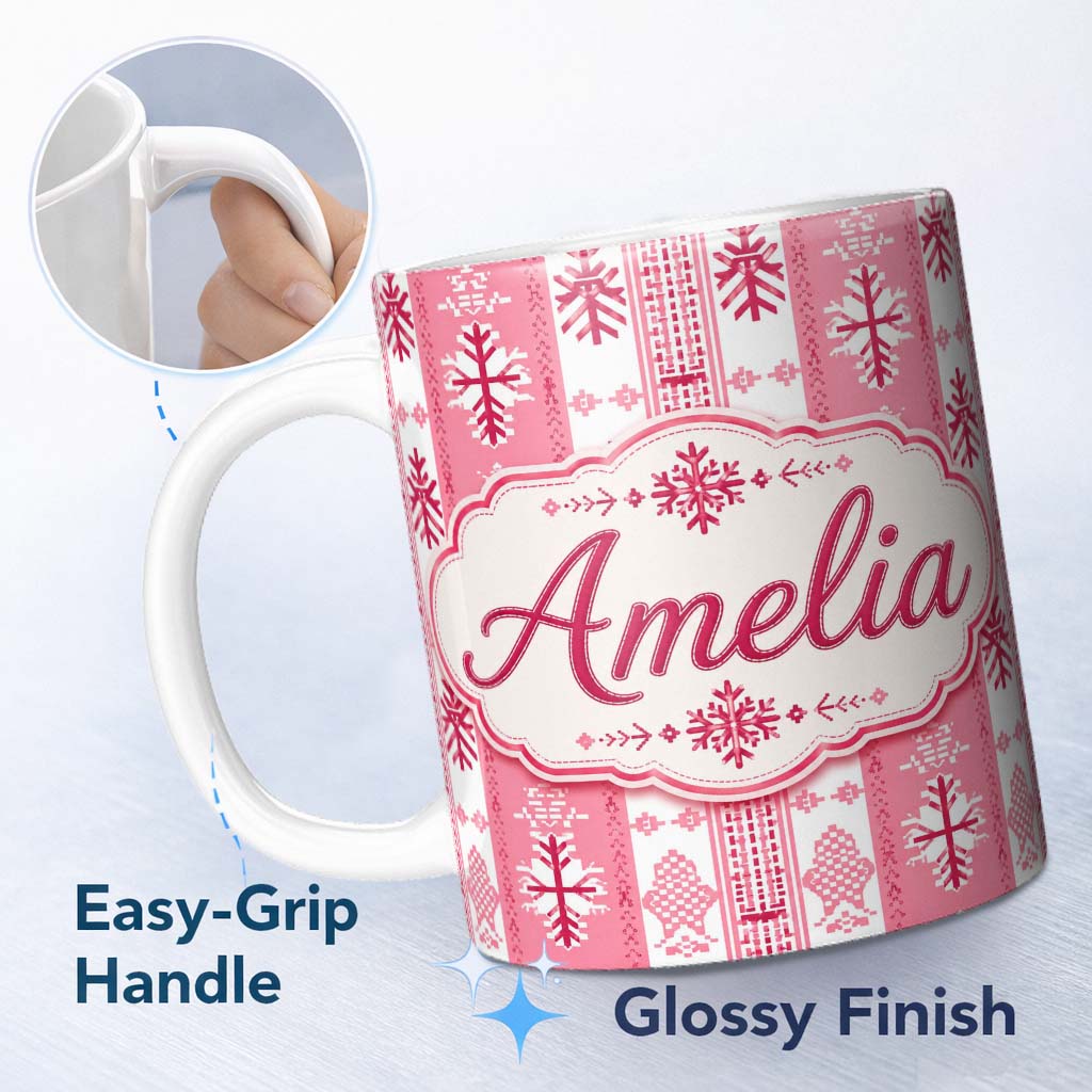 Personalized Custom Name Scandinavian Pink Red Snowflake Nordic Seamless Pattern Lovely 11oz Ceramic Coffee Tea Mug White Large Handle