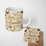 Personalized Custom Name Vintage Farm Hen Illustration Soft Neutral Background Lovely 11oz Ceramic Coffee Tea Mug White Large Handle