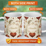 Personalized Custom Name Elegant Red Gold Christmas Baubles Pine Branch Seamless Pattern 11oz Ceramic Coffee Tea Mug White Large Handle