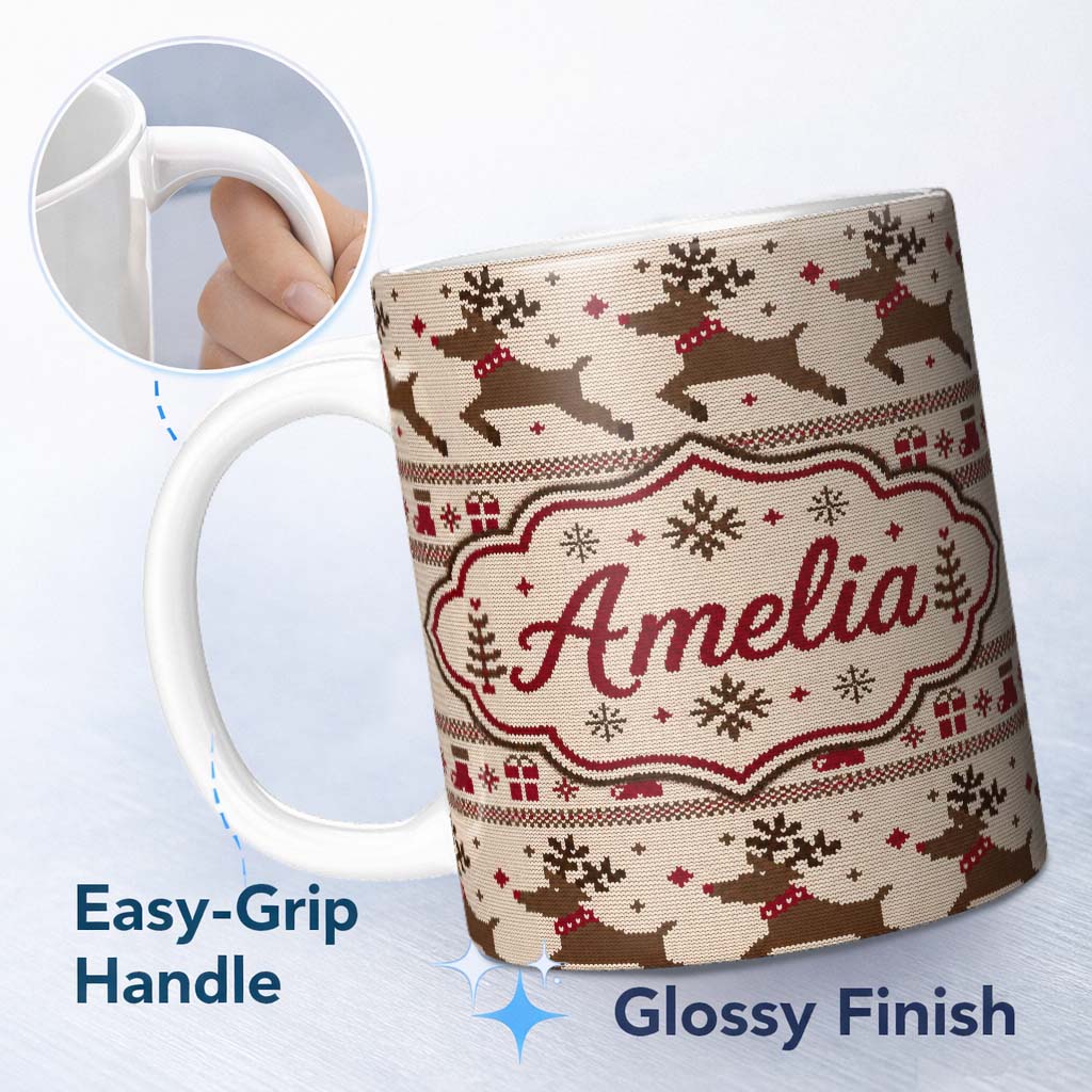 Personalized Custom Name Classic Reindeer Gift Nordic Knitted Seamless Pattern Christmas 11oz Ceramic Coffee Tea Mug White Large Handle