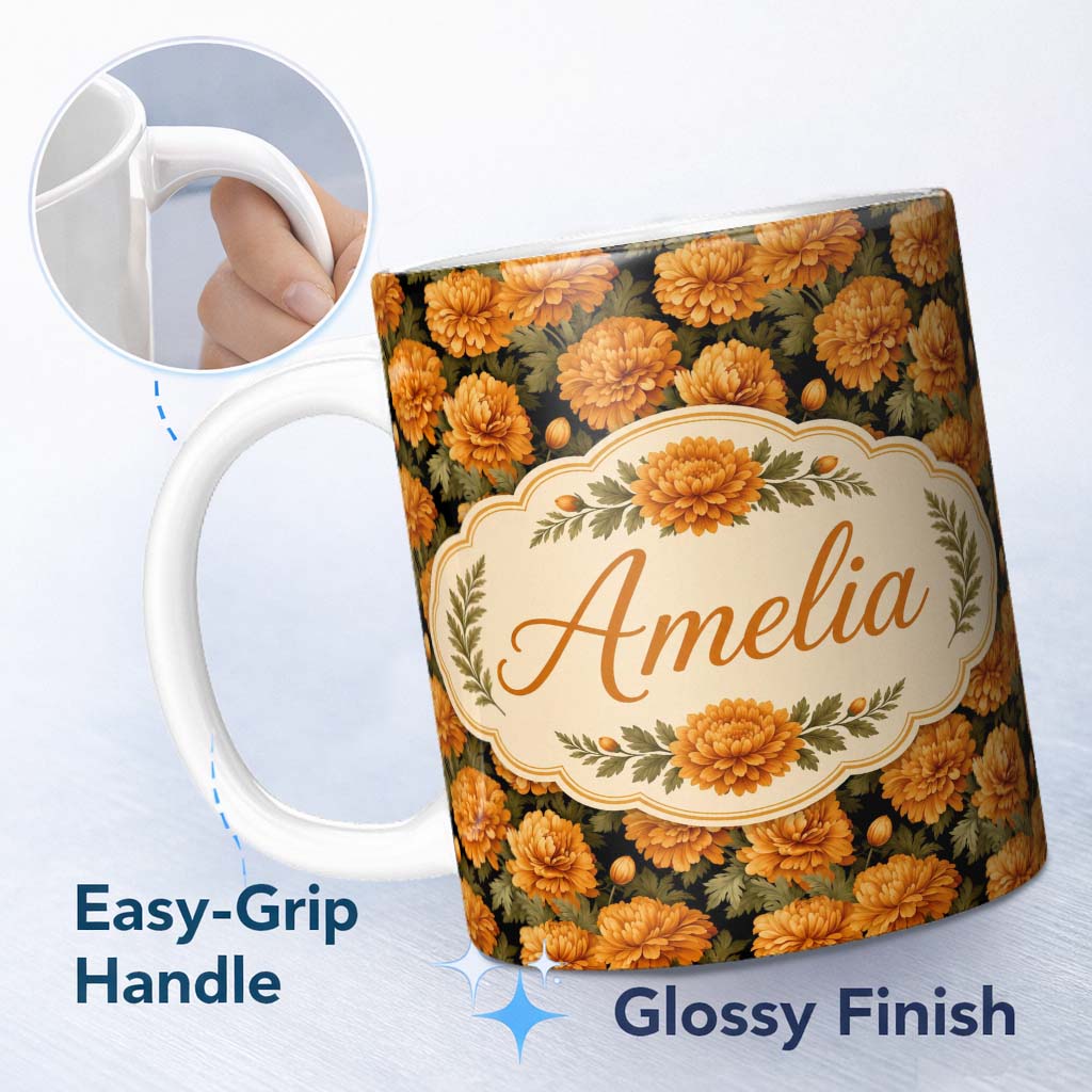 Personalized Custom Name Orange Marigold Floral on Black Seamless Pattern Cute Unique Gift 11oz Ceramic Coffee Tea Mug White Large Handle