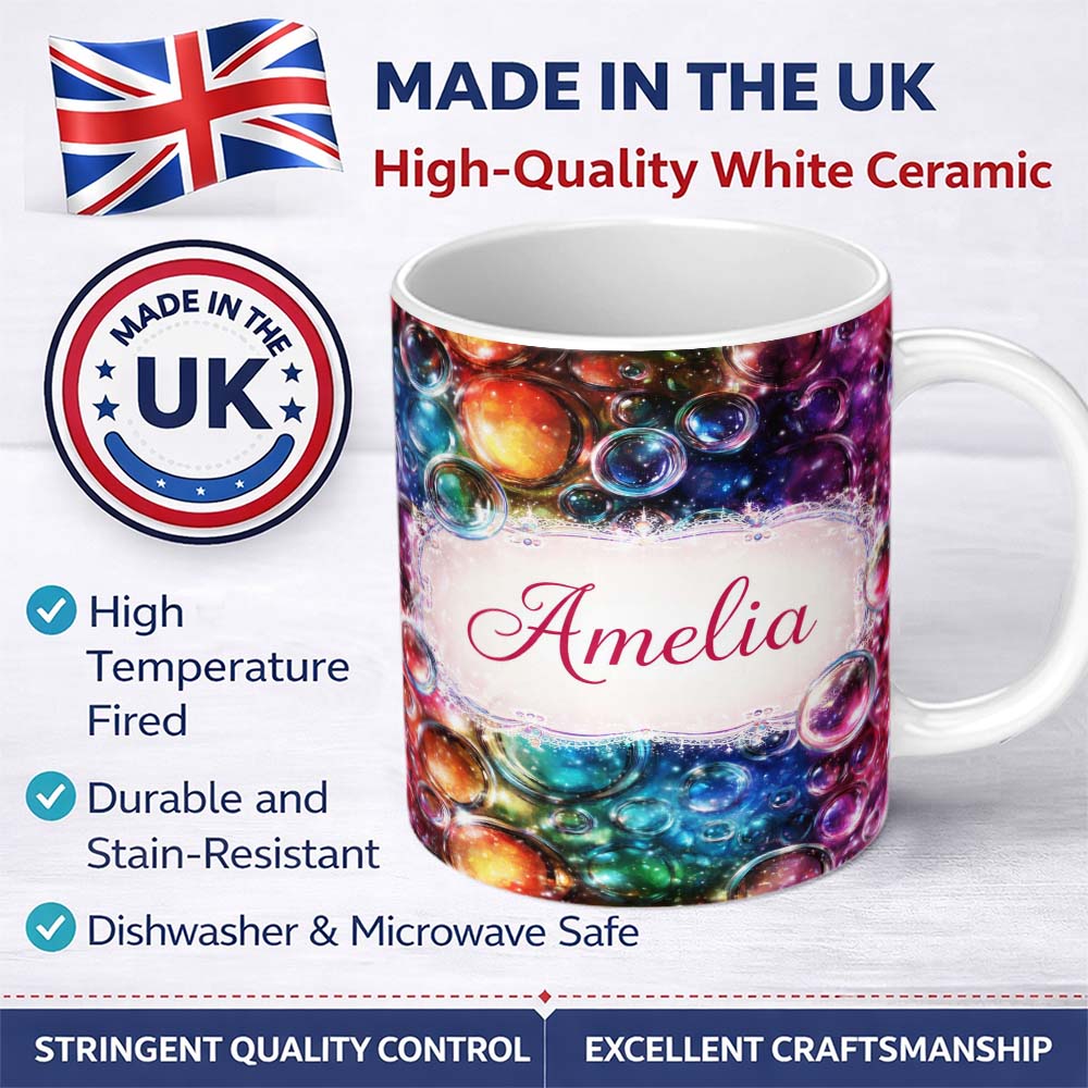 Personalized Custom Name Vibrant Cosmic Bubble Abstract Seamless Pattern Cute Unique Gift 11oz Ceramic Coffee Tea Mug White Large Handle