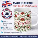 Personalized Custom Name Watercolor Poinsettia Flowers Holly Leave Red Berries Seamless 11oz Ceramic Coffee Tea Mug White Large Handle
