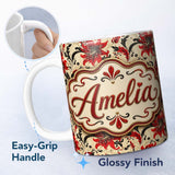 Personalized Custom Name Detailed Red Peony Floral Vintage Seamless Pattern Cute Unique Gift 11oz Ceramic Coffee Tea Mug White Large Handle