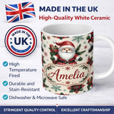 Personalized Custom Name Cute Santa Character Gifts Snowflakes Seamless Pattern Lovely 11oz Ceramic Coffee Tea Mug White Large Handle