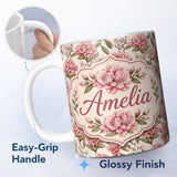 Personalized Custom Name Vintage Pink Floral Branches with Neutral Background Seamless Lovely 11oz Ceramic Coffee Tea Mug White Large Handle