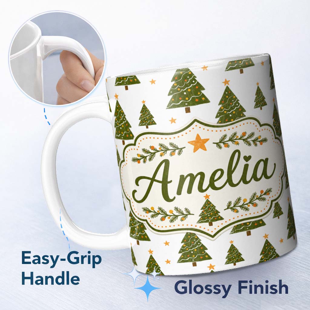 Personalized Custom Name Cute Christmas Trees with Golden Stars Minimal Holiday Seamless 11oz Ceramic Coffee Tea Mug White Large Handle