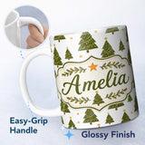 Personalized Custom Name Cute Christmas Trees with Golden Stars Minimal Holiday Seamless 11oz Ceramic Coffee Tea Mug White Large Handle