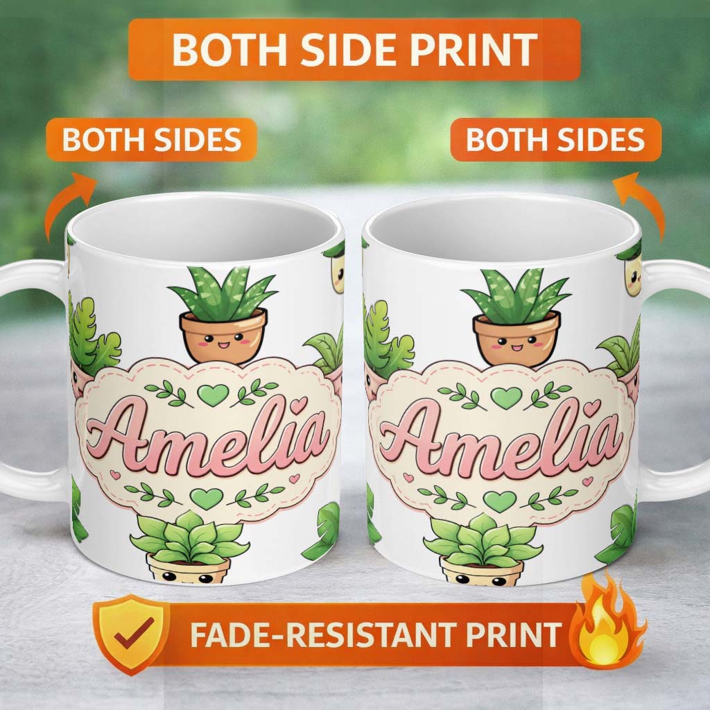 Personalized Custom Name Cute Kawaii Smiling Plant Pots Leaves Seamless Pattern Grey Lovely 11oz Ceramic Coffee Tea Mug White Large Handle