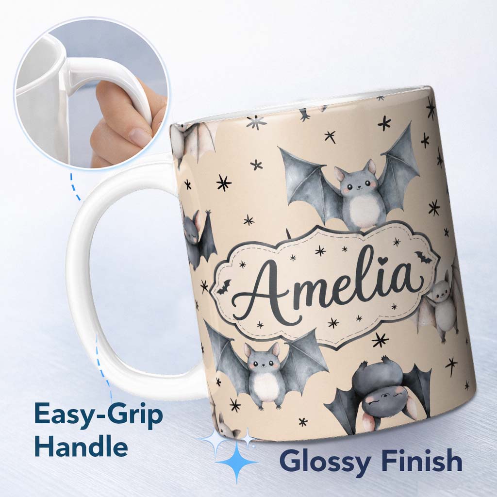 Personalized Custom Name Cute Baby Bats Flying with Stars Soft Sand Background Seamless 11oz Ceramic Coffee Tea Mug White Large Handle