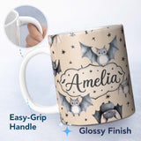 Personalized Custom Name Cute Baby Bats Flying with Stars Soft Sand Background Seamless 11oz Ceramic Coffee Tea Mug White Large Handle