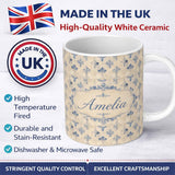 Personalized Custom Name Classic French Blue Damask Motif Repeat Pattern on Aged Beige Lovely 11oz Ceramic Coffee Tea Mug White Large Handle