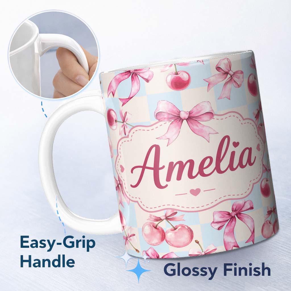 Personalized Custom Name Watercolor Cherry Bow Ribbon Blue Beige Gingham Seamless Pattern 11oz Ceramic Coffee Tea Mug White Large Handle