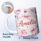Personalized Custom Name Watercolor Cherry Bow Ribbon Blue Beige Gingham Seamless Pattern 11oz Ceramic Coffee Tea Mug White Large Handle
