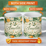Personalized Custom Name Orange Citrus Fruit Blossom Botanical Seamless Pattern Lovely 11oz Ceramic Coffee Tea Mug White Large Handle
