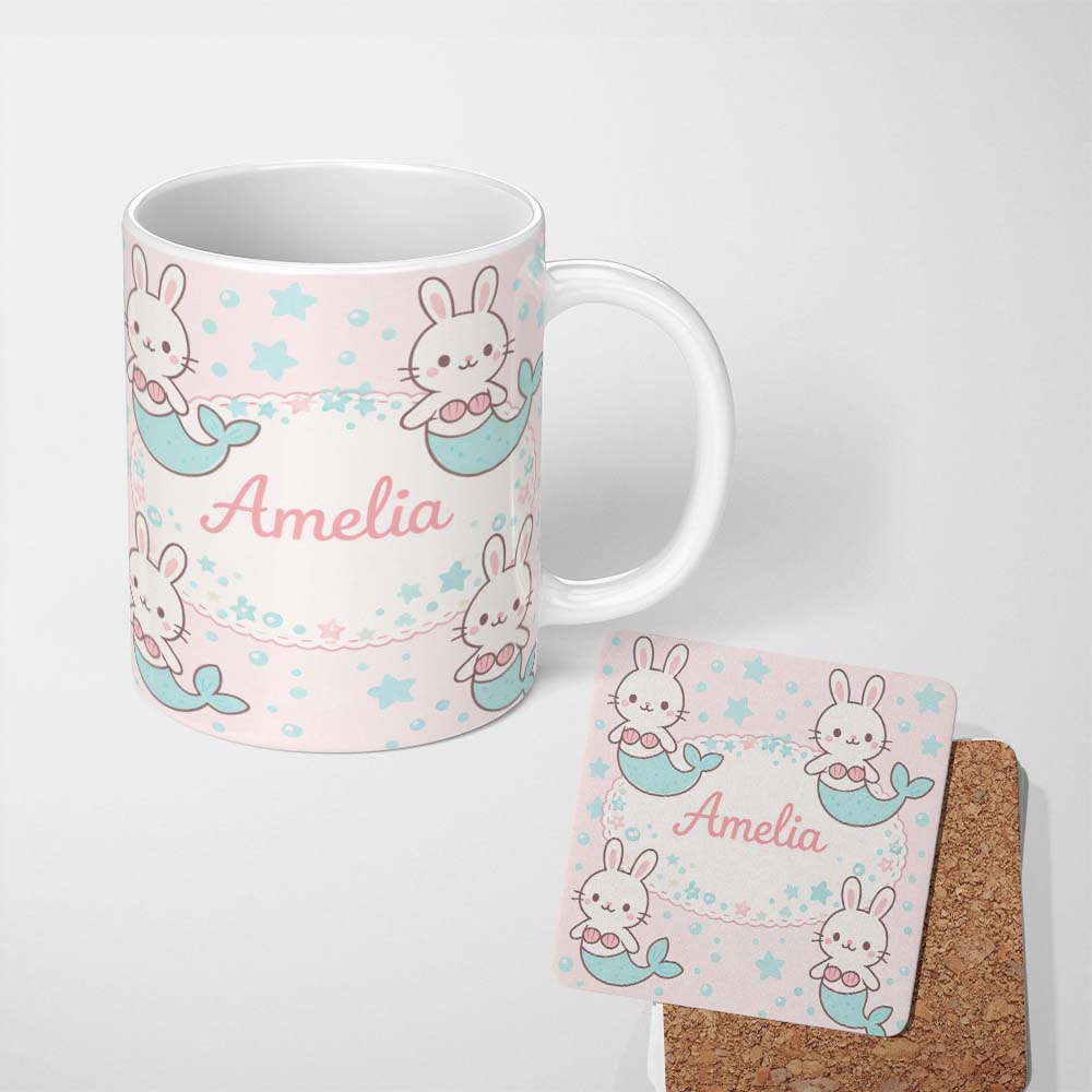Personalized Custom Name Cute Bunny Mermaid Cartoon Animal Pattern Stylish Everyday Mug 11oz Ceramic Coffee Tea Mug White Large Handle