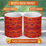 Personalized Custom Name Cute Red Orange Knitted Heart Nordic Warm Festive Seamless Pattern 11oz Ceramic Coffee Tea Mug White Large Handle