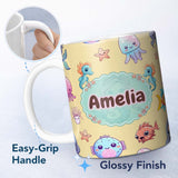 Personalized Custom Name Cute Kawaii Mermaid Seahorse Jellyfish and Starfish Soft Yellow 11oz Ceramic Coffee Tea Mug White Large Handle