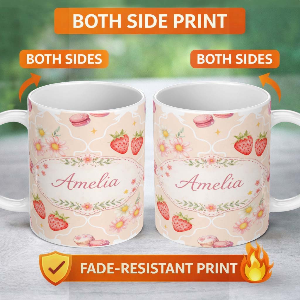 Personalized Custom Name Strawberry Cherry Daisy Seamless Pattern Beige Cute Coquette Floral 11oz Ceramic Coffee Tea Mug White Large Handle