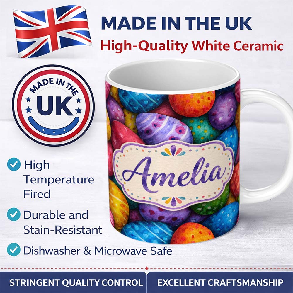 Personalized Custom Name Hand Painted Easter Egg Pattern with Dots and Decorative Details 11oz Ceramic Coffee Tea Mug White Large Handle