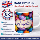 Personalized Custom Name Hand Painted Easter Egg Pattern with Dots and Decorative Details 11oz Ceramic Coffee Tea Mug White Large Handle