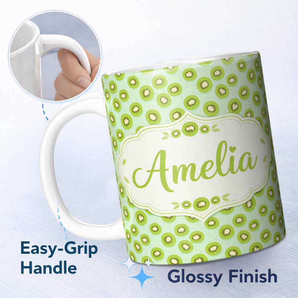 Personalized Custom Name Stylised Kiwi Slice Repeat Seamless Pattern on Soft Green Background 11oz Ceramic Coffee Tea Mug White Large Handle
