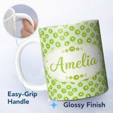 Personalized Custom Name Stylised Kiwi Slice Repeat Seamless Pattern on Soft Green Background 11oz Ceramic Coffee Tea Mug White Large Handle