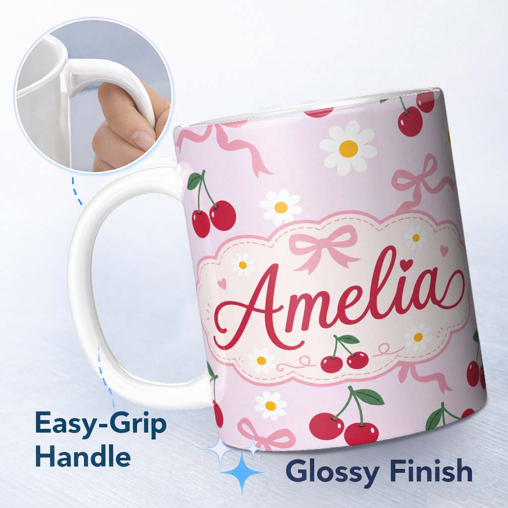 Personalized Custom Name Cute Cherry and Daisy Flowers with Pink Ribbon Bows Soft Lilac 11oz Ceramic Coffee Tea Mug White Large Handle