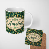 Personalized Custom Name Dark Green Ice Cream Cone Repeat Pattern with Gold Accents Lovely 11oz Ceramic Coffee Tea Mug White Large Handle
