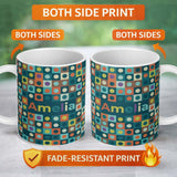 Personalized Custom Name Multicolor Dot Grid Bold Seamless Pattern Thoughtful Gift Idea 11oz Ceramic Coffee Tea Mug White Large Handle