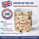 Personalized Custom Name Vintage Winter Village Ice Skating Christmas Scene Seamless Pattern 11oz Ceramic Coffee Tea Mug White Large Handle