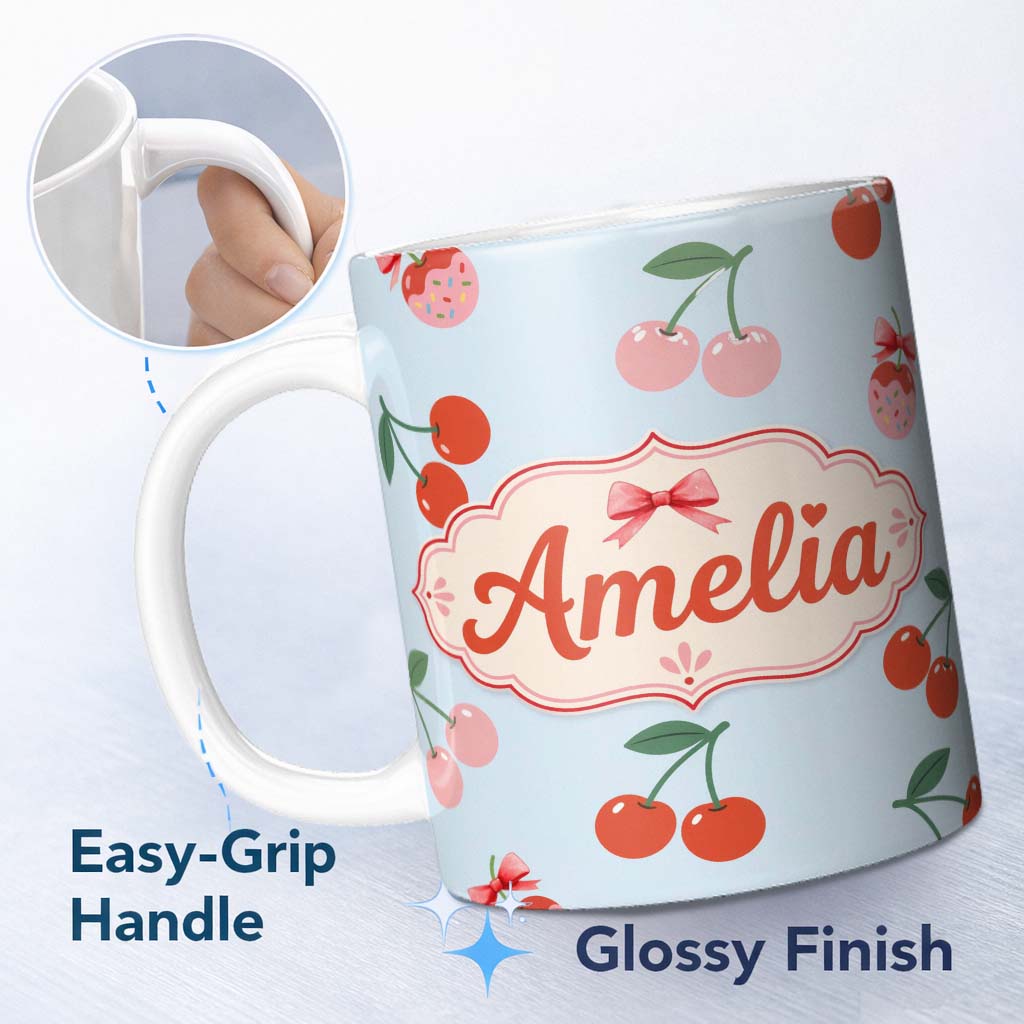 Personalized Custom Name Cute Cherry Fruit Pastel Blue Background Sweet Seamless Pattern 11oz Ceramic Coffee Tea Mug White Large Handle