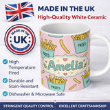 Personalized Custom Name Cute French Fries Cartoon Snack Seamless Pattern Teal Cups Pink 11oz Ceramic Coffee Tea Mug White Large Handle