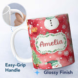 Personalized Custom Name Watercolor Gingerbread Cookie Gift Holly Snowflake Christmas Lovely 11oz Ceramic Coffee Tea Mug White Large Handle